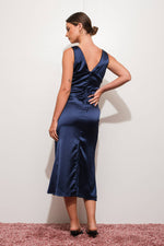 Navy Satin Midi Dress
