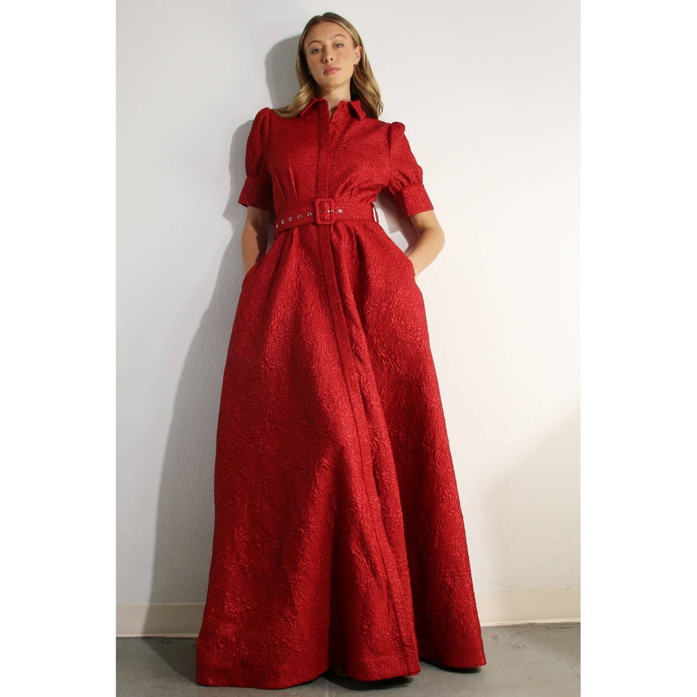 Rose Embossed Belted Maxi Dress