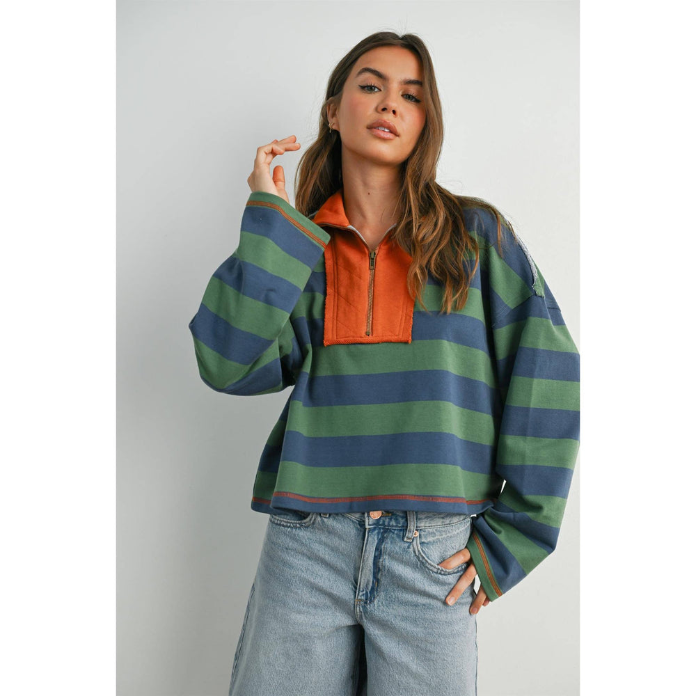 Striped Quarter-Zip Contrast Collar Sweatshirt