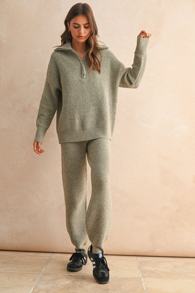Olive Waffle Half Zip Sweater