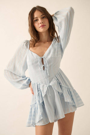 Textured Tonal-Stripe Ruffled Tie-Front Romper