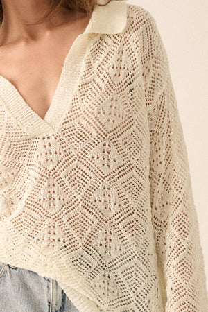 Geometric Crochet-Knit V-Neck Bell-Sleeve Sweater