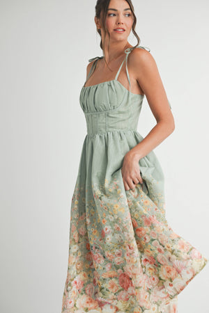 Sage Floral Print Midi Dress