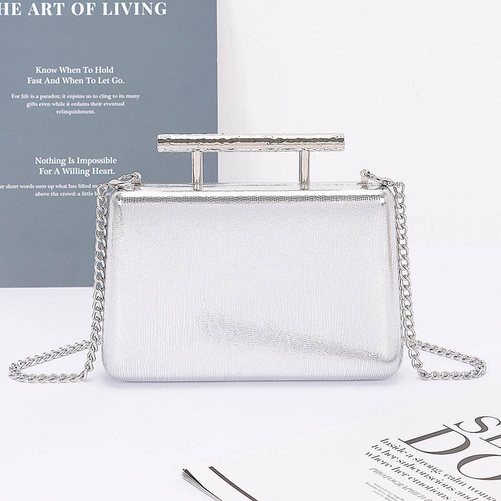 Metal Handle Top Case Clutch: Silver