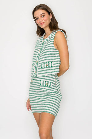 Green & White Stripe Summer French Boucle Mini Skirt