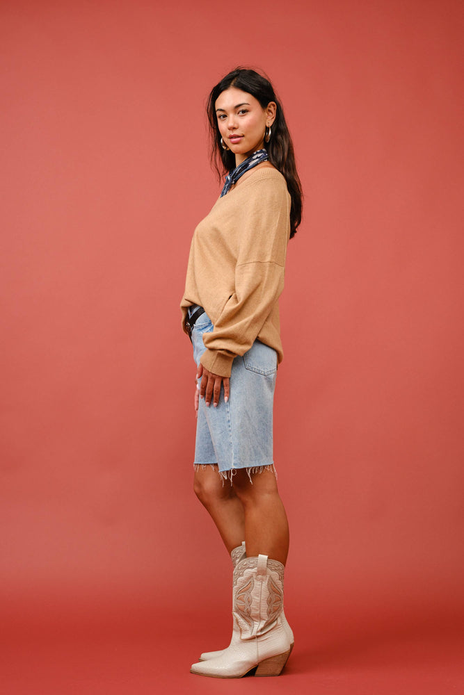 Tan Cashmere V-Neck Sweater