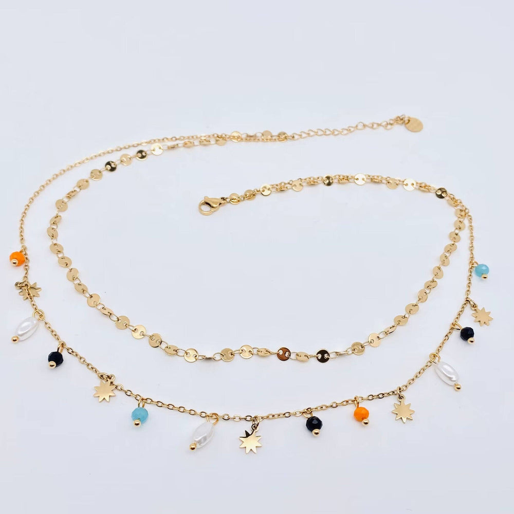 Star Pearl Charm Double Chain Necklace