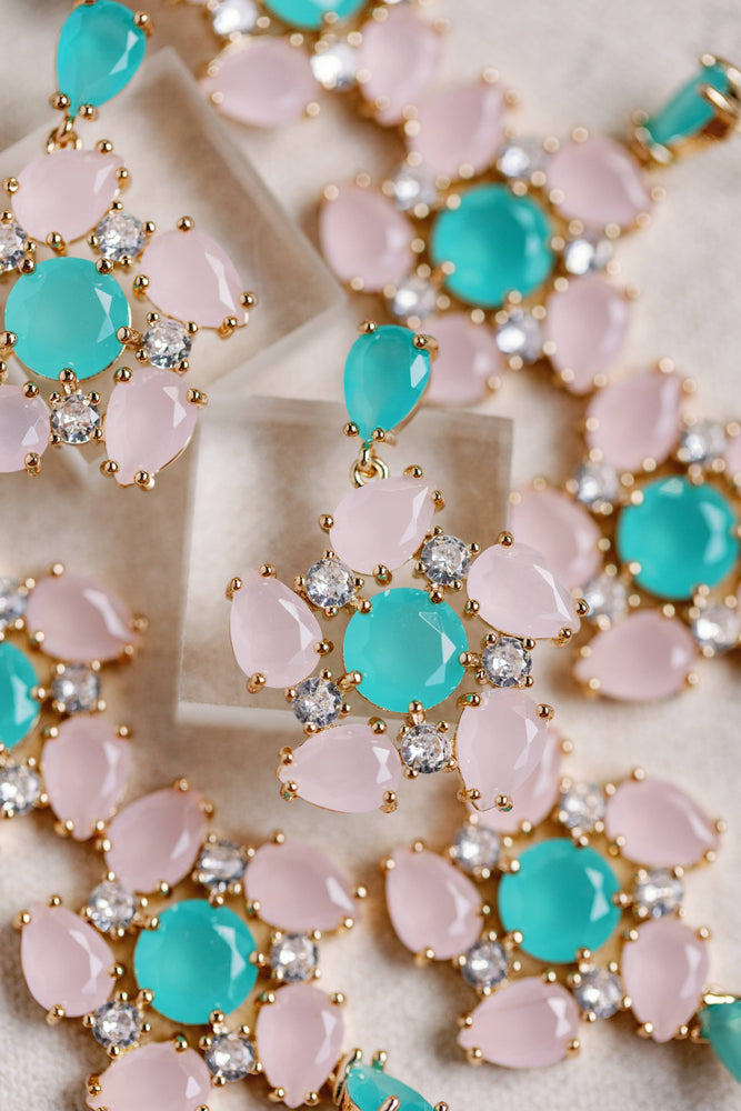 St Armands Designs of Sarasota - Pink and Turquoise Diamond Pinwheel Statement Earrings