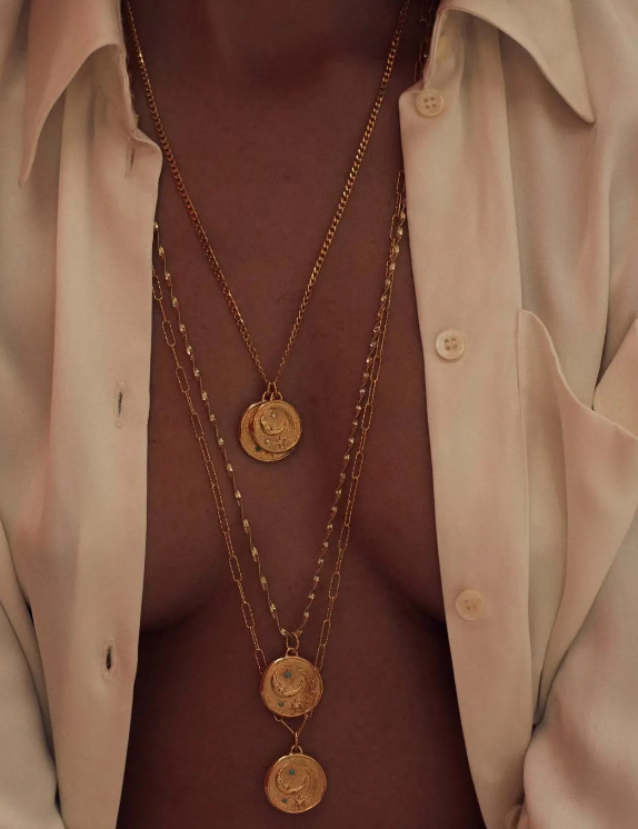 HoopLa -  Athena Luna Coin Charm Necklace, Stainless Steel- 14K gold: Necklace