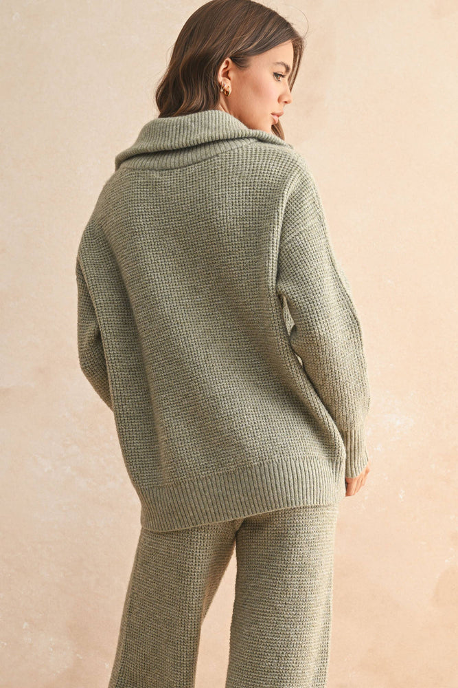 Olive Waffle Half Zip Sweater