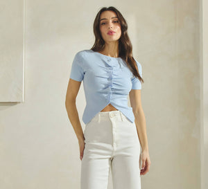 Button Pleated Split Knit Top: Sky