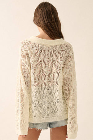 Geometric Crochet-Knit V-Neck Bell-Sleeve Sweater