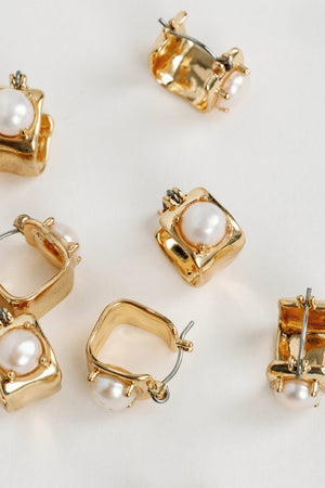 St Armands Designs of Sarasota - Vintage Mini Square Gold Pearl Huggie Hoop Earrings
