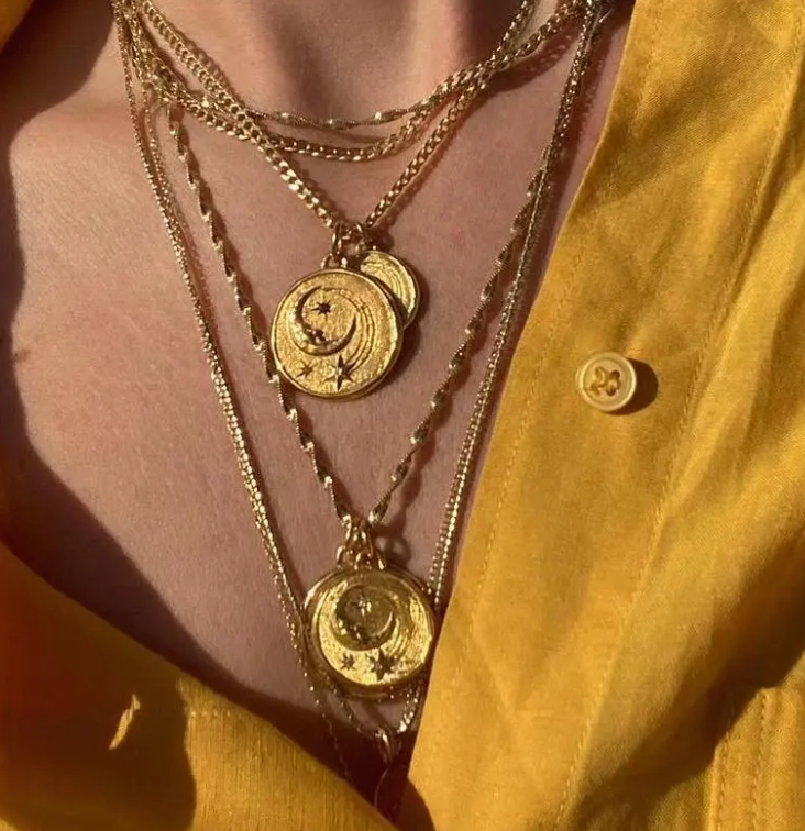 HoopLa -  Athena Luna Coin Charm Necklace, Stainless Steel- 14K gold: Necklace