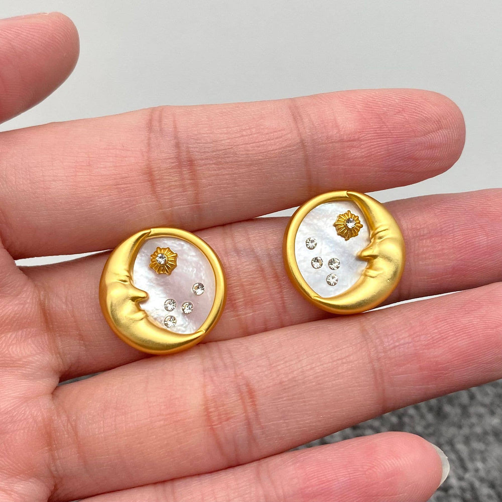 Inlaid CZ & Shell 18K Gold Plated Moon Ear Studs