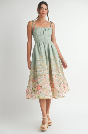 Sage Floral Print Midi Dress
