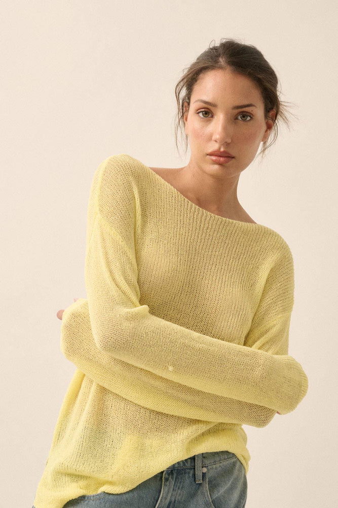 Lightweight Knit Loose-Fit Boatneck Sweater: Soft Lemon