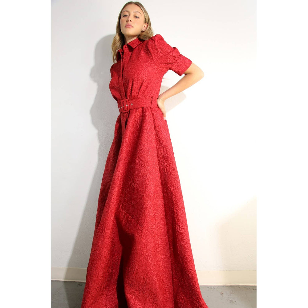 Rose Embossed Belted Maxi Dress