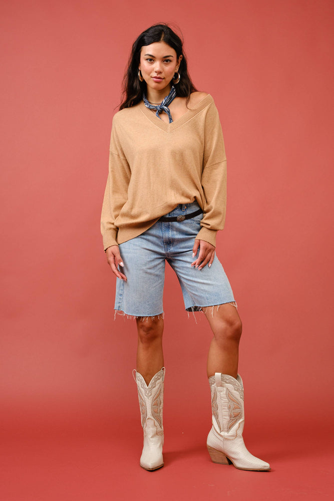 Tan Cashmere V-Neck Sweater