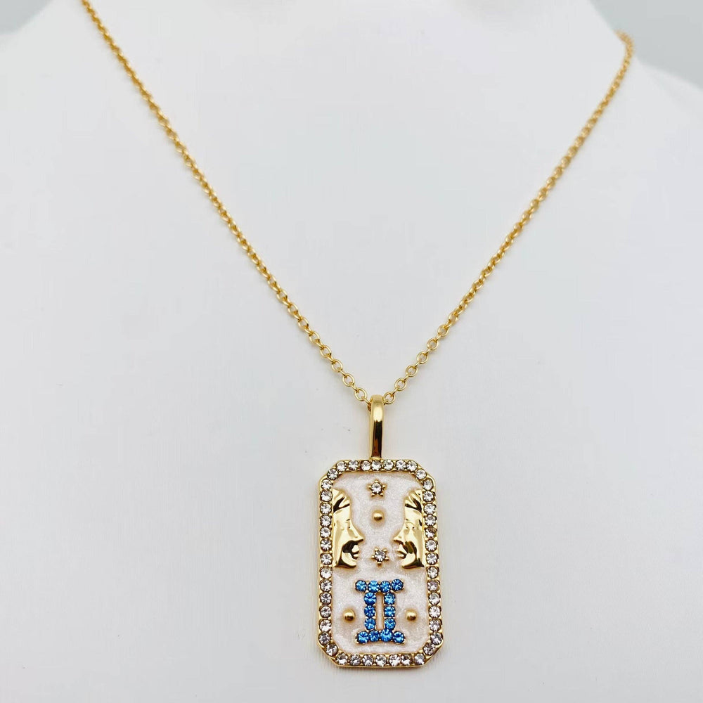 Enamel 12 Constellation Inlaid Cubic Zirconia Necklace: Aquarius