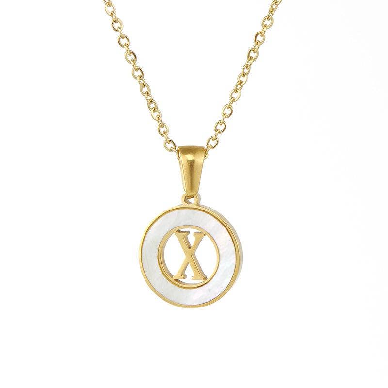 Circular Hollow Shell Initial Pendant Necklace: I