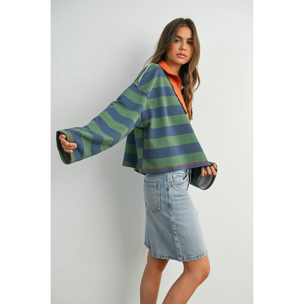 Striped Quarter-Zip Contrast Collar Sweatshirt