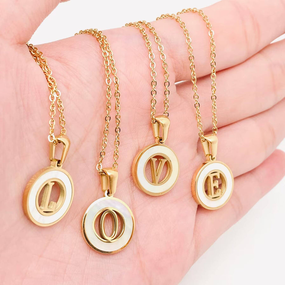 Circular Hollow Shell Initial Pendant Necklace: B