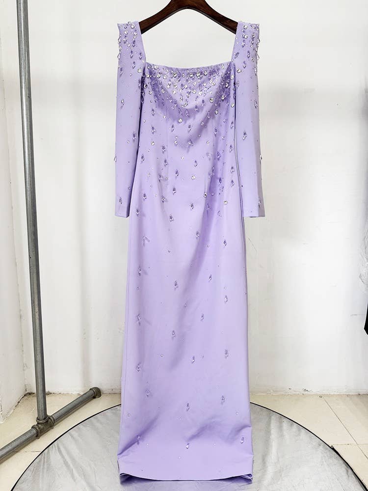 Square Neck Lilac Gown with Hand-Beaded Diamonds