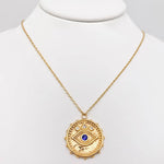 Embossed Blue Evil Eye Charm Pendant Golden Necklace