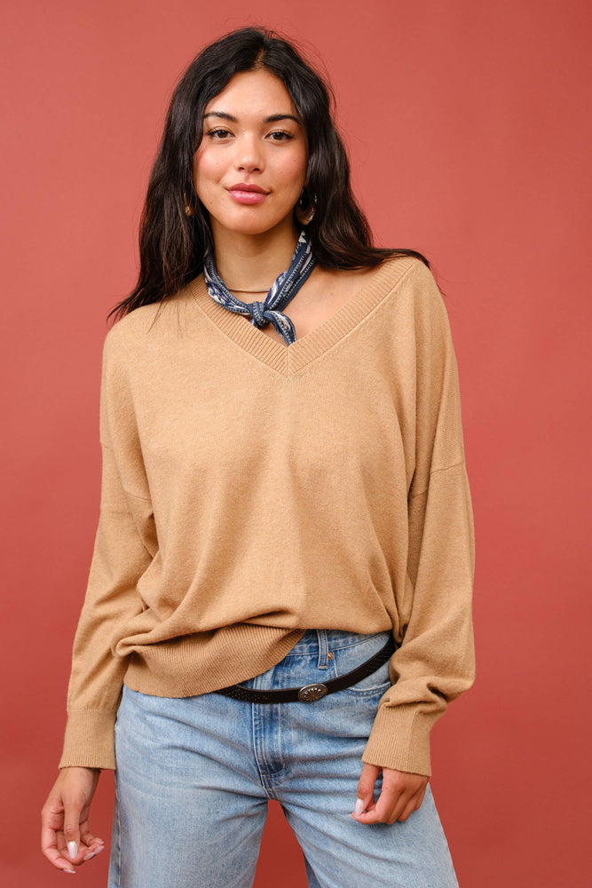 Tan Cashmere V-Neck Sweater