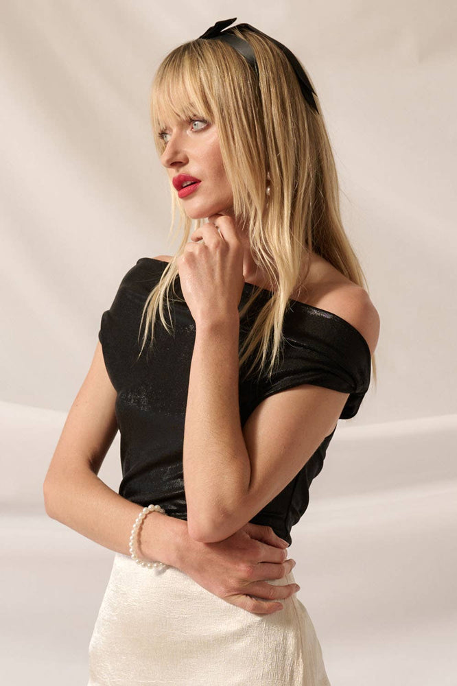 Shimmer Metallic Knit Off-Shoulder Bodysuit