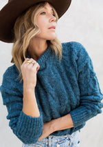 Teal Cable Knit Mock Neck Cozy Sweater
