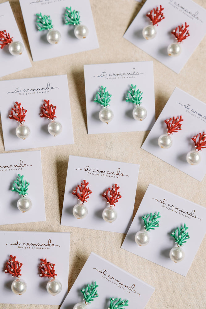 St Armands Designs of Sarasota - Pearl and Turquoise Coral Mini Statement Earrings