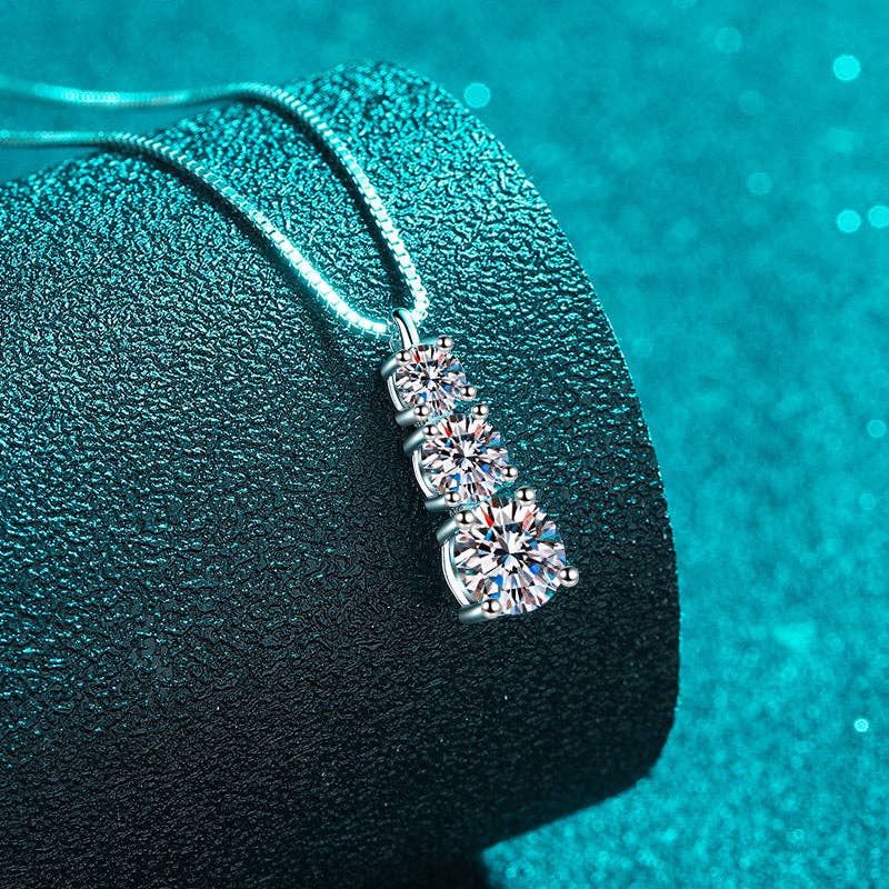 Three Stone Moissanite Charm Necklace in 925 Sterling Silver
