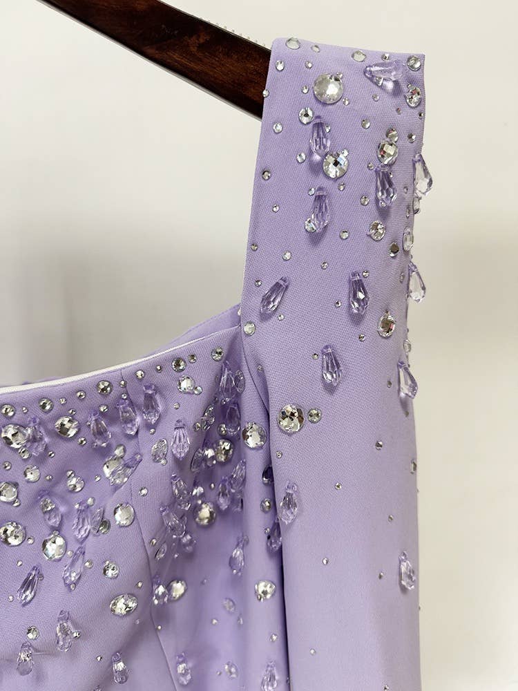 Square Neck Lilac Gown with Hand-Beaded Diamonds