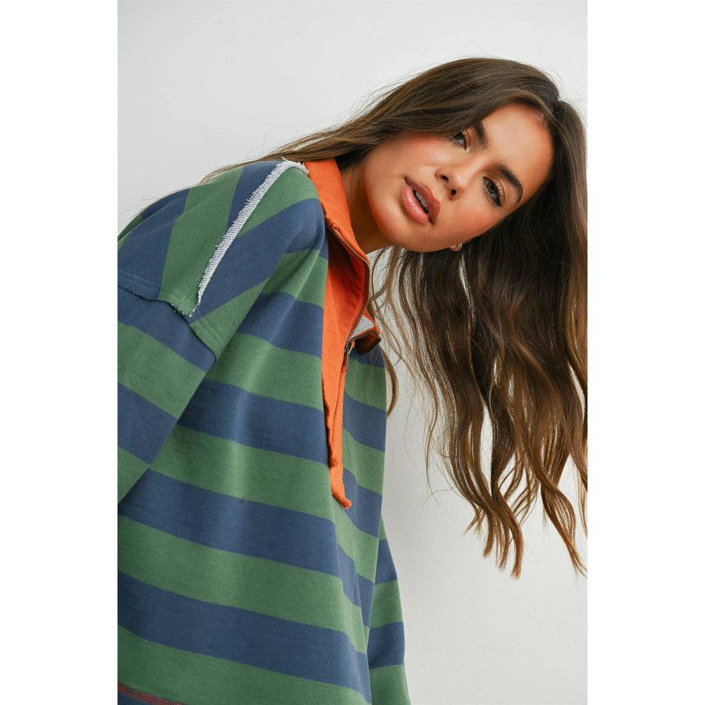 Striped Quarter-Zip Contrast Collar Sweatshirt