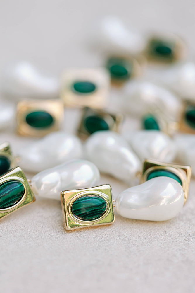 St Armands Designs of Sarasota - Vintage Square Malachite and Natural Pearl Drop Earrings