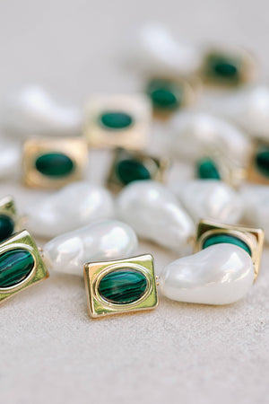 St Armands Designs of Sarasota - Vintage Square Malachite and Natural Pearl Drop Earrings