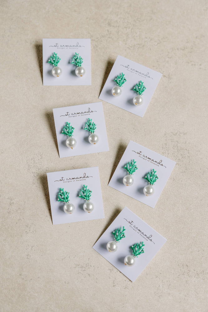 St Armands Designs of Sarasota - Pearl and Turquoise Coral Mini Statement Earrings