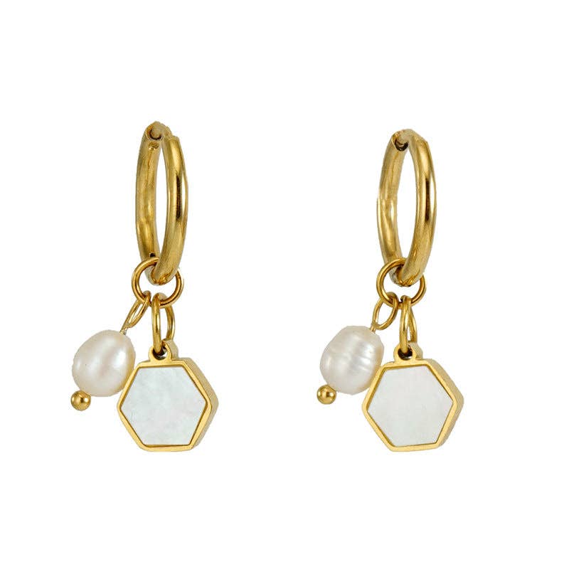 18K Gold-plated Stainless Steel Earrings Pearl Shell Pendant: Clover