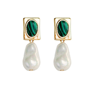 St Armands Designs of Sarasota - Vintage Square Malachite and Natural Pearl Drop Earrings