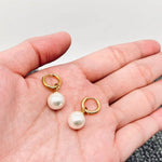 Round Pearl Charm Huggie Earrings