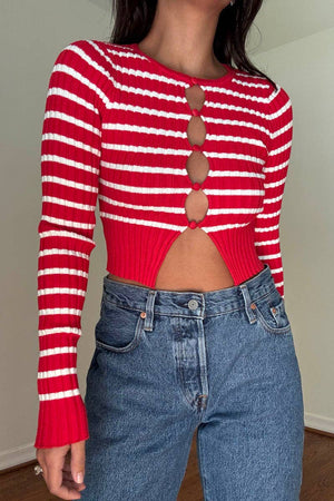 Candy Stripe Knit Keyhole Button Sweater