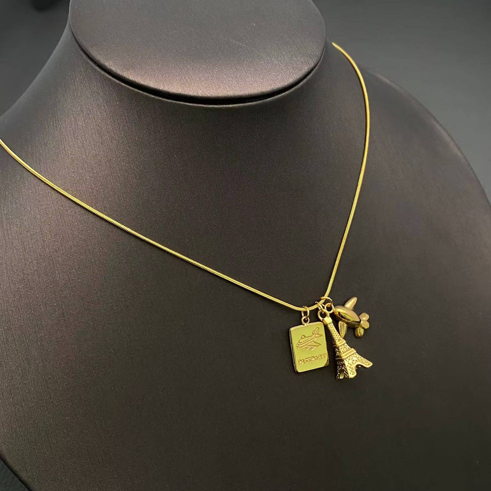 Paris Tower & Plane charm 18K Gold Plated Necklace