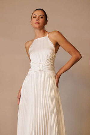 Marilyn White Pleated Midi Dress