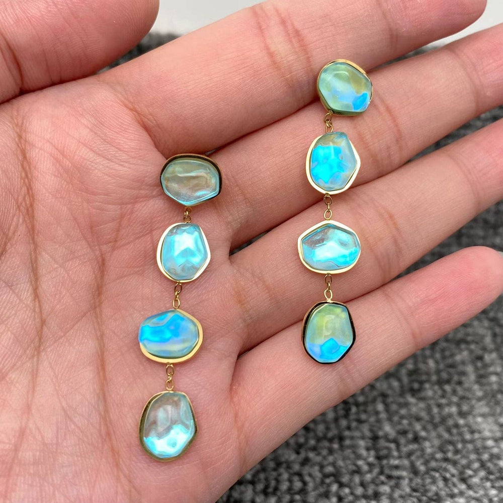 Blue Acrylic Linked 18K Golden Earrings