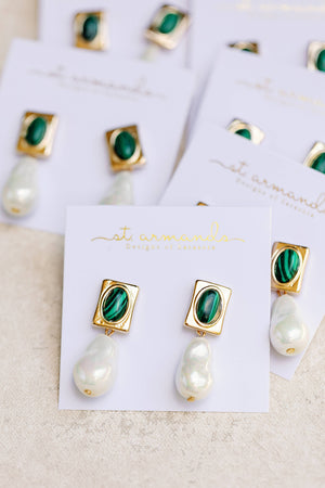 St Armands Designs of Sarasota - Vintage Square Malachite and Natural Pearl Drop Earrings