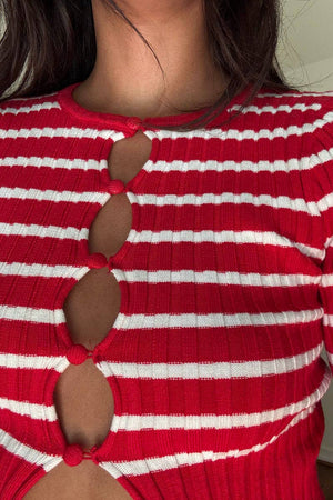 Candy Stripe Knit Keyhole Button Sweater