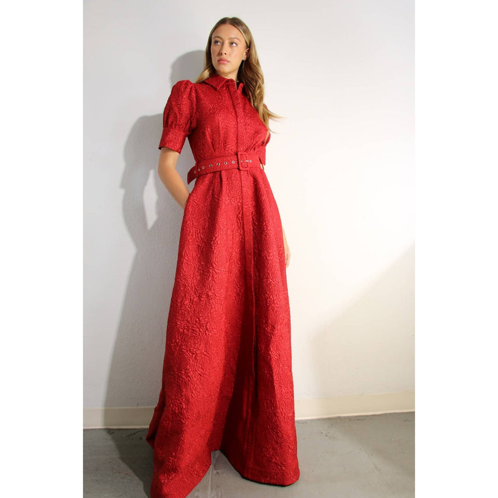 Rose Embossed Belted Maxi Dress