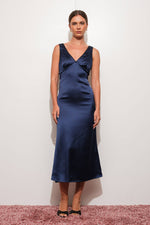 Navy Satin Midi Dress